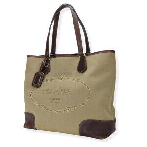 Prada Tote Logo Beige Leather Shoulder Bag Tan Canvas Brown